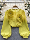 SINGREINY tavaszi laza szatén blúz női O nyakú, hosszú ujjú áttetsző bohém felső 2024 átlátszó 3D virágos alkalmi ing