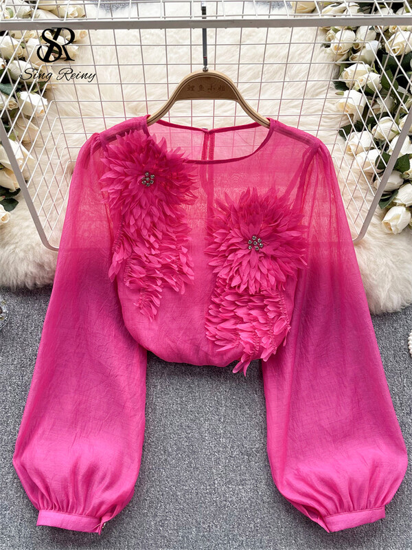 SINGREINY tavaszi laza szatén blúz női O nyakú, hosszú ujjú áttetsző bohém felső 2024 átlátszó 3D virágos alkalmi ing