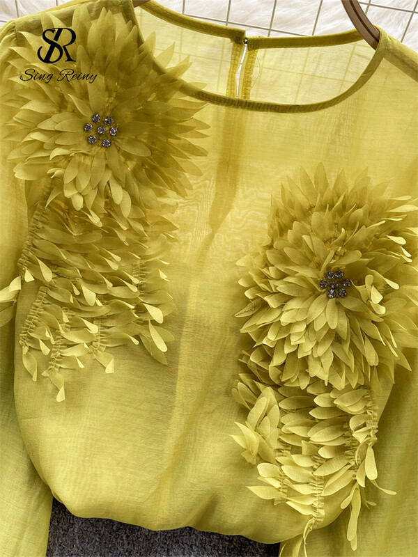 SINGREINY tavaszi laza szatén blúz női O nyakú, hosszú ujjú áttetsző bohém felső 2024 átlátszó 3D virágos alkalmi ing