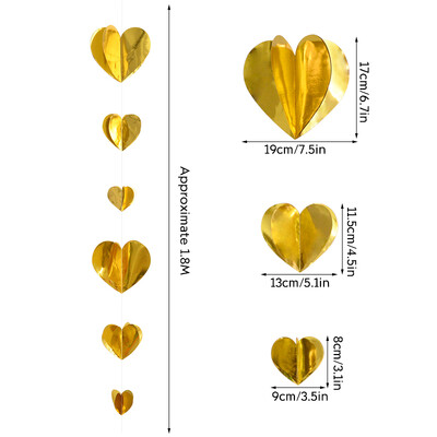 1,8-meetrine 3D-südamebänner, punane kuldne südamega rippuvad kaunistused, pulmade pulmade dušš, peokaunistus jõuluripats