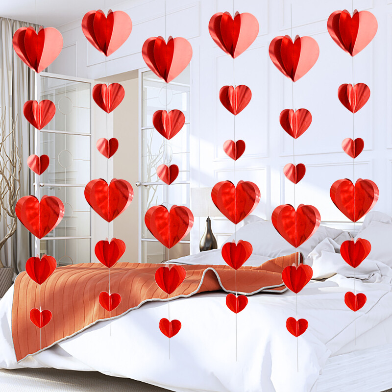 1,8-meetrine 3D-südamebänner, punane kuldne südamega rippuvad kaunistused, pulmade pulmade dušš, peokaunistus jõuluripats