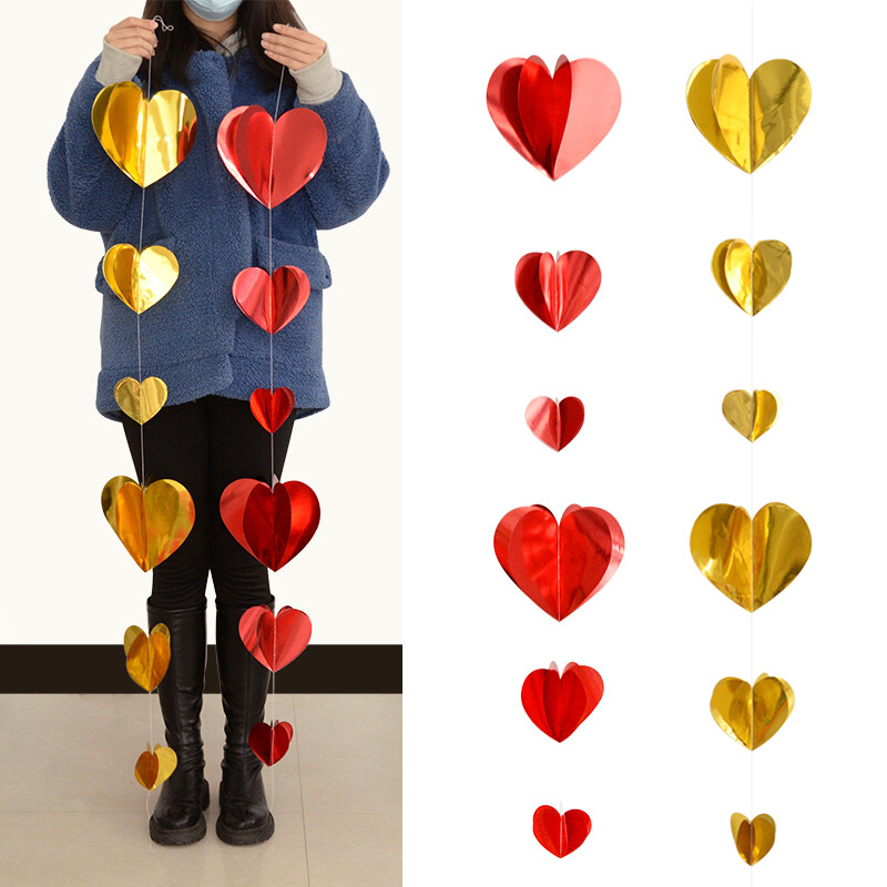 1,8-meetrine 3D-südamebänner, punane kuldne südamega rippuvad kaunistused, pulmade pulmade dušš, peokaunistus jõuluripats
