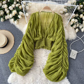 Női szexi sifon rövid blúz női átlátszó, szuper hosszú ujjú blusas lila/zöld/fekete/fehér összecsukható parti felsők 2022 új