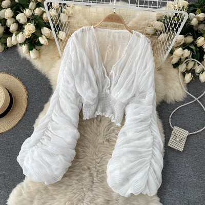 Női szexi sifon rövid blúz női átlátszó, szuper hosszú ujjú blusas lila/zöld/fekete/fehér összecsukható parti felsők 2022 új