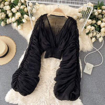 Női szexi sifon rövid blúz női átlátszó, szuper hosszú ujjú blusas lila/zöld/fekete/fehér összecsukható parti felsők 2022 új