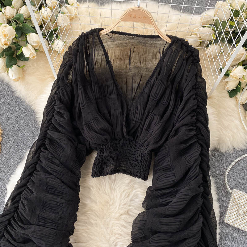 Női szexi sifon rövid blúz női átlátszó, szuper hosszú ujjú blusas lila/zöld/fekete/fehér összecsukható parti felsők 2022 új