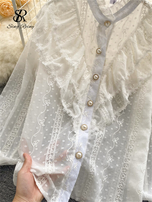 SINGREINY Elegáns francia blúz női temperamentum édes fodros laza alkalmi felsők tavaszi hosszú ujjú utcai ruházat fehér ingek