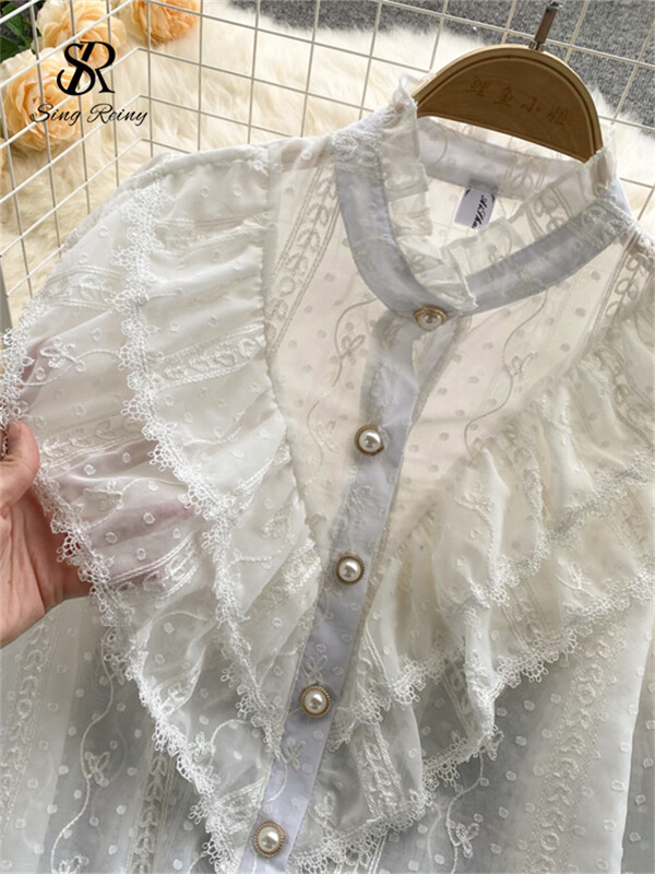 SINGREINY Elegáns francia blúz női temperamentum édes fodros laza alkalmi felsők tavaszi hosszú ujjú utcai ruházat fehér ingek