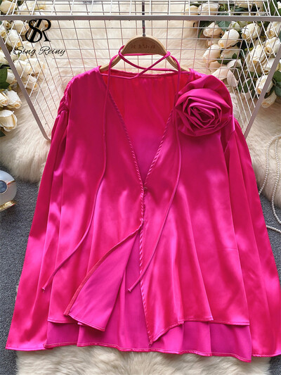 SINGREINY Fashion 3D gėlėta atlasinė palaidinė Aukštos kokybės ilgomis rankovėmis laisvos viršutinės gatvės aprangos korėjietiški elegantiški solidūs seksualūs laisvalaikio marškiniai