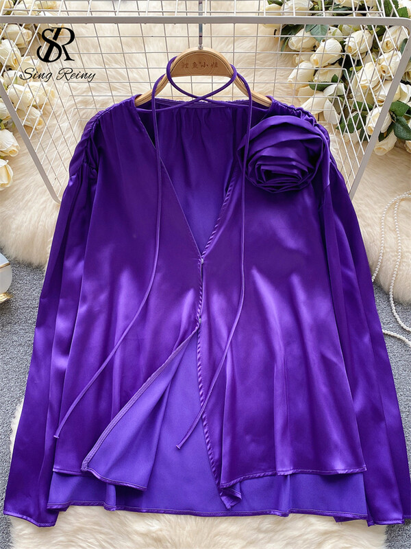 SINGREINY Fashion 3D virágos szatén blúz kiváló minőségű hosszú ujjú, bő felső utcai viselet koreai elegáns, tömör szexi alkalmi ingek