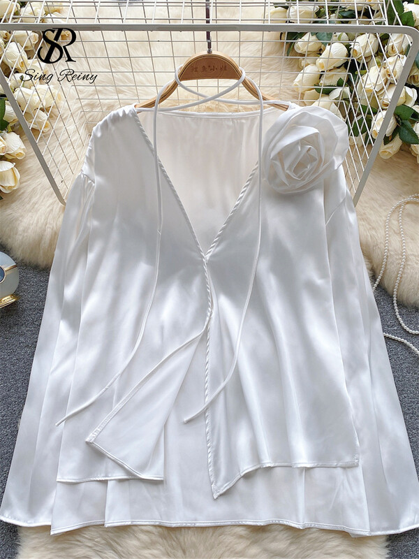 SINGREINY Fashion 3D virágos szatén blúz kiváló minőségű hosszú ujjú, bő felső utcai viselet koreai elegáns, tömör szexi alkalmi ingek