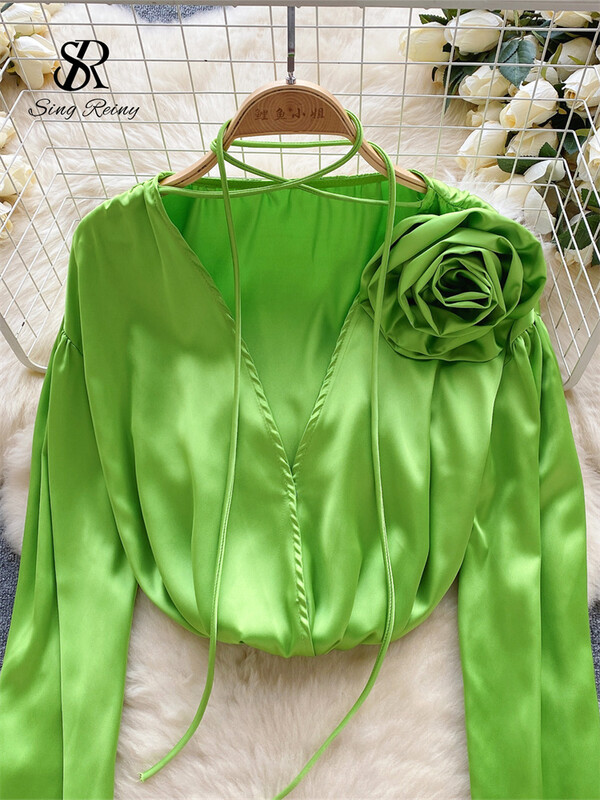 SINGREINY Fashion 3D virágos szatén blúz kiváló minőségű hosszú ujjú, bő felső utcai viselet koreai elegáns, tömör szexi alkalmi ingek