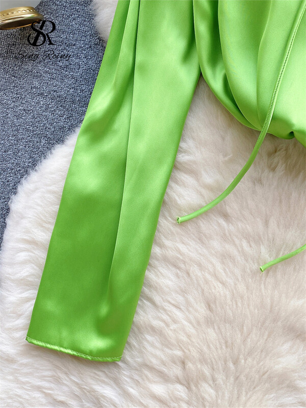 SINGREINY Fashion 3D virágos szatén blúz kiváló minőségű hosszú ujjú, bő felső utcai viselet koreai elegáns, tömör szexi alkalmi ingek