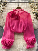 SINGREINY fodros édes áttetsző blúz O nyakú, hosszú ujjú 3D virágos bő felső koreai stílusú utcai viselet Vintage OL alkalmi ing