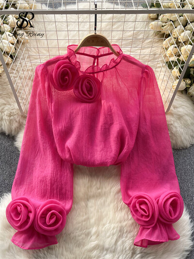 SINGREINY Volane Dulce Bluză Sheer Decolteu O Mâneci Lungi 3D Floral Top Lejer Stil Coreean Streetwear Vintage OL Cămașă Casual