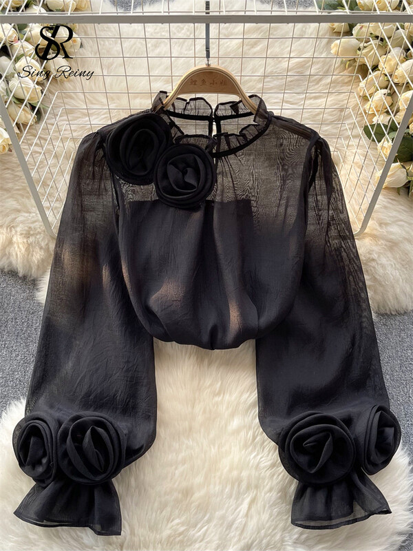 SINGREINY fodros édes áttetsző blúz O nyakú, hosszú ujjú 3D virágos bő felső koreai stílusú utcai viselet Vintage OL alkalmi ing