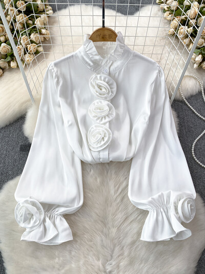 XFPV női patchwork háromdimenziós rózsa blúz félmagas gallérral hosszú ujjú koreai változat ingek 2024 tavasz nyár SM10560