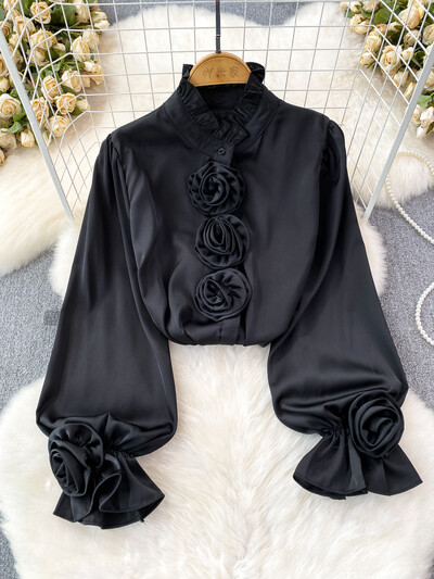 XFPV női patchwork háromdimenziós rózsa blúz félmagas gallérral hosszú ujjú koreai változat ingek 2024 tavasz nyár SM10560