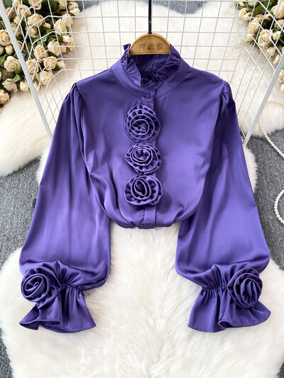 XFPV női patchwork háromdimenziós rózsa blúz félmagas gallérral hosszú ujjú koreai változat ingek 2024 tavasz nyár SM10560