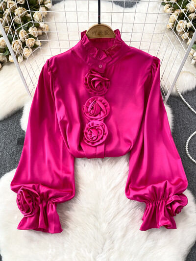 XFPV női patchwork háromdimenziós rózsa blúz félmagas gallérral hosszú ujjú koreai változat ingek 2024 tavasz nyár SM10560