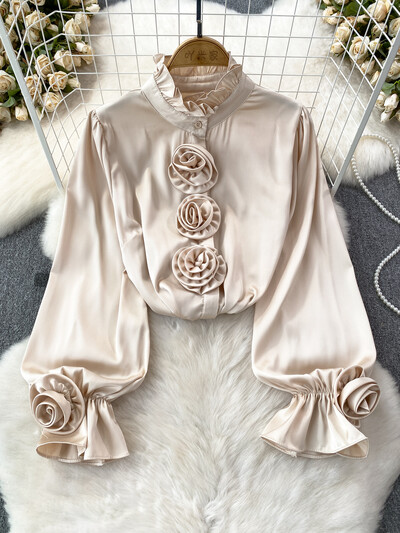 XFPV női patchwork háromdimenziós rózsa blúz félmagas gallérral hosszú ujjú koreai változat ingek 2024 tavasz nyár SM10560