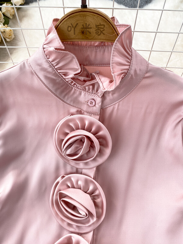 XFPV női patchwork háromdimenziós rózsa blúz félmagas gallérral hosszú ujjú koreai változat ingek 2024 tavasz nyár SM10560