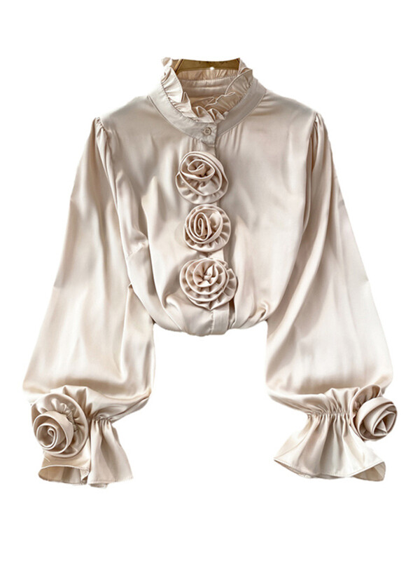 XFPV női patchwork háromdimenziós rózsa blúz félmagas gallérral hosszú ujjú koreai változat ingek 2024 tavasz nyár SM10560