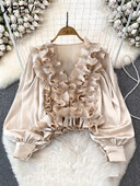 XFPV Γυναικεία τρισδιάστατα βολάν λουλουδιών Μπλούζα V-λαιμόκοψη Φαρδιά ιδιοσυγκρασία πουκάμισα με μανίκια φανάρι Άνοιξη Καλοκαίρι 2024 SM10897