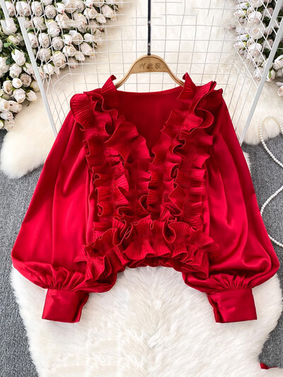 XFPV Γυναικεία τρισδιάστατα βολάν λουλουδιών Μπλούζα V-λαιμόκοψη Φαρδιά ιδιοσυγκρασία πουκάμισα με μανίκια φανάρι Άνοιξη Καλοκαίρι 2024 SM10897