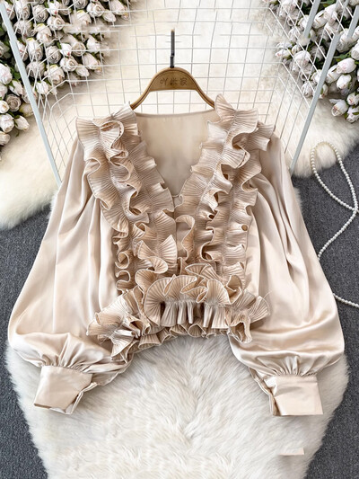 XFPV Γυναικεία τρισδιάστατα βολάν λουλουδιών Μπλούζα V-λαιμόκοψη Φαρδιά ιδιοσυγκρασία πουκάμισα με μανίκια φανάρι Άνοιξη Καλοκαίρι 2024 SM10897