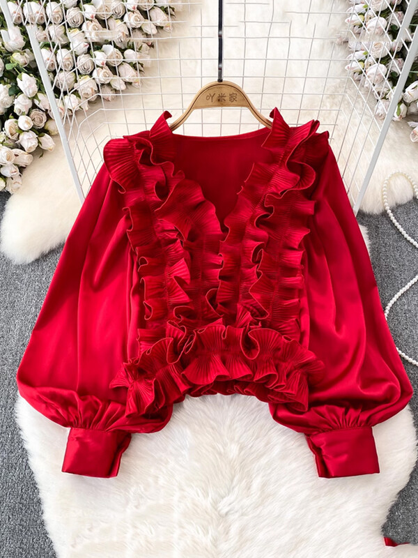 XFPV Γυναικεία τρισδιάστατα βολάν λουλουδιών Μπλούζα V-λαιμόκοψη Φαρδιά ιδιοσυγκρασία πουκάμισα με μανίκια φανάρι Άνοιξη Καλοκαίρι 2024 SM10897