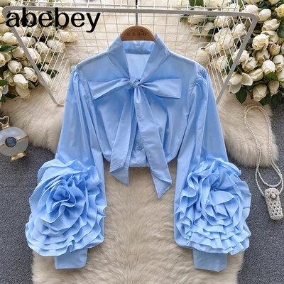 Tavaszi Senior ing női masni gallér lámpás ujjak divatos 3D virágdísz High Street elegáns bő tömör blúz