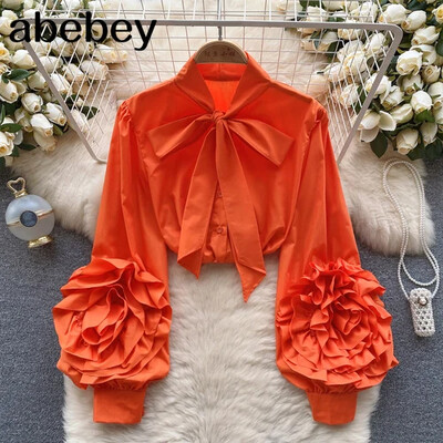 Tavaszi Senior ing női masni gallér lámpás ujjak divatos 3D virágdísz High Street elegáns bő tömör blúz