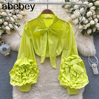 Tavaszi Senior ing női masni gallér lámpás ujjak divatos 3D virágdísz High Street elegáns bő tömör blúz