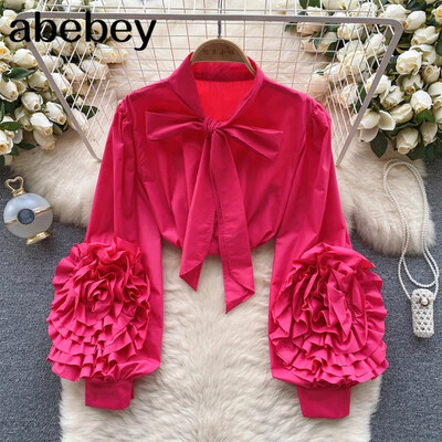 Tavaszi Senior ing női masni gallér lámpás ujjak divatos 3D virágdísz High Street elegáns bő tömör blúz