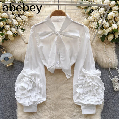 Tavaszi Senior ing női masni gallér lámpás ujjak divatos 3D virágdísz High Street elegáns bő tömör blúz