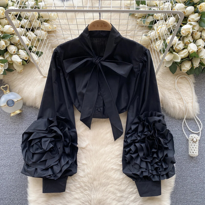 Tavaszi Senior ing női masni gallér lámpás ujjak divatos 3D virágdísz High Street elegáns bő tömör blúz