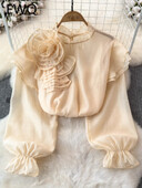 EWQ σιφόν τρισδιάστατο λουλούδι μακρυμάνικο με λαιμόκοψη κομψή σχεδίαση Γυναικεία πουκάμισα Γυναικεία μπλούζες με γλυκό στυλ και νεανική 27SN5726