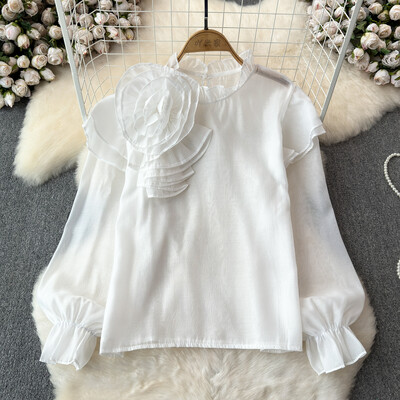 EWQ σιφόν τρισδιάστατο λουλούδι μακρυμάνικο με λαιμόκοψη κομψή σχεδίαση Γυναικεία πουκάμισα Γυναικεία μπλούζες με γλυκό στυλ και νεανική 27SN5726