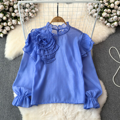 EWQ σιφόν τρισδιάστατο λουλούδι μακρυμάνικο με λαιμόκοψη κομψή σχεδίαση Γυναικεία πουκάμισα Γυναικεία μπλούζες με γλυκό στυλ και νεανική 27SN5726