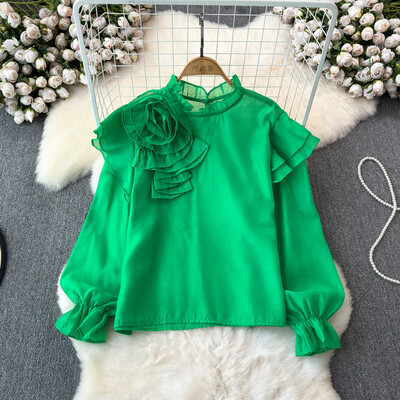 EWQ σιφόν τρισδιάστατο λουλούδι μακρυμάνικο με λαιμόκοψη κομψή σχεδίαση Γυναικεία πουκάμισα Γυναικεία μπλούζες με γλυκό στυλ και νεανική 27SN5726
