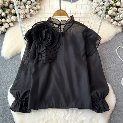 EWQ σιφόν τρισδιάστατο λουλούδι μακρυμάνικο με λαιμόκοψη κομψή σχεδίαση Γυναικεία πουκάμισα Γυναικεία μπλούζες με γλυκό στυλ και νεανική 27SN5726