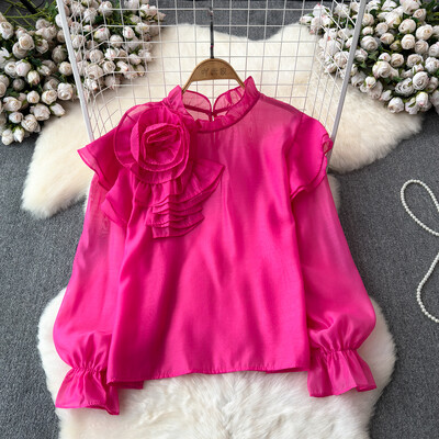 EWQ σιφόν τρισδιάστατο λουλούδι μακρυμάνικο με λαιμόκοψη κομψή σχεδίαση Γυναικεία πουκάμισα Γυναικεία μπλούζες με γλυκό στυλ και νεανική 27SN5726