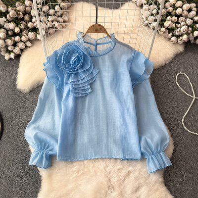 EWQ σιφόν τρισδιάστατο λουλούδι μακρυμάνικο με λαιμόκοψη κομψή σχεδίαση Γυναικεία πουκάμισα Γυναικεία μπλούζες με γλυκό στυλ και νεανική 27SN5726