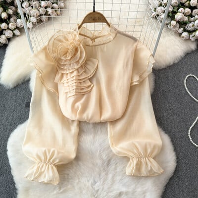 EWQ σιφόν τρισδιάστατο λουλούδι μακρυμάνικο με λαιμόκοψη κομψή σχεδίαση Γυναικεία πουκάμισα Γυναικεία μπλούζες με γλυκό στυλ και νεανική 27SN5726