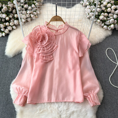 EWQ σιφόν τρισδιάστατο λουλούδι μακρυμάνικο με λαιμόκοψη κομψή σχεδίαση Γυναικεία πουκάμισα Γυναικεία μπλούζες με γλυκό στυλ και νεανική 27SN5726