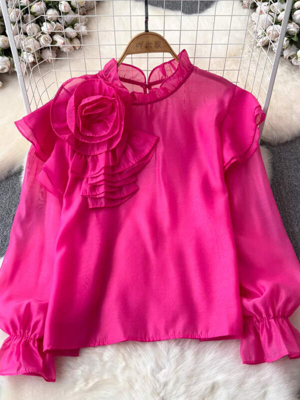 EWQ σιφόν τρισδιάστατο λουλούδι μακρυμάνικο με λαιμόκοψη κομψή σχεδίαση Γυναικεία πουκάμισα Γυναικεία μπλούζες με γλυκό στυλ και νεανική 27SN5726