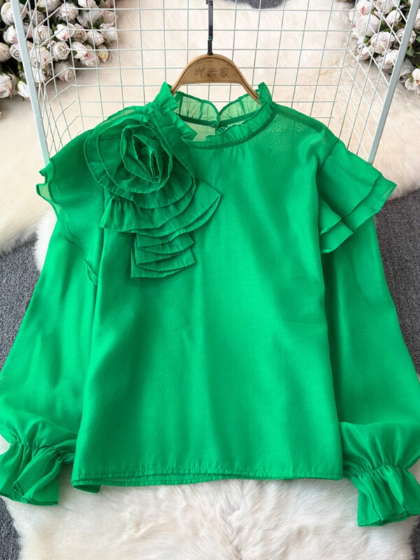 EWQ σιφόν τρισδιάστατο λουλούδι μακρυμάνικο με λαιμόκοψη κομψή σχεδίαση Γυναικεία πουκάμισα Γυναικεία μπλούζες με γλυκό στυλ και νεανική 27SN5726