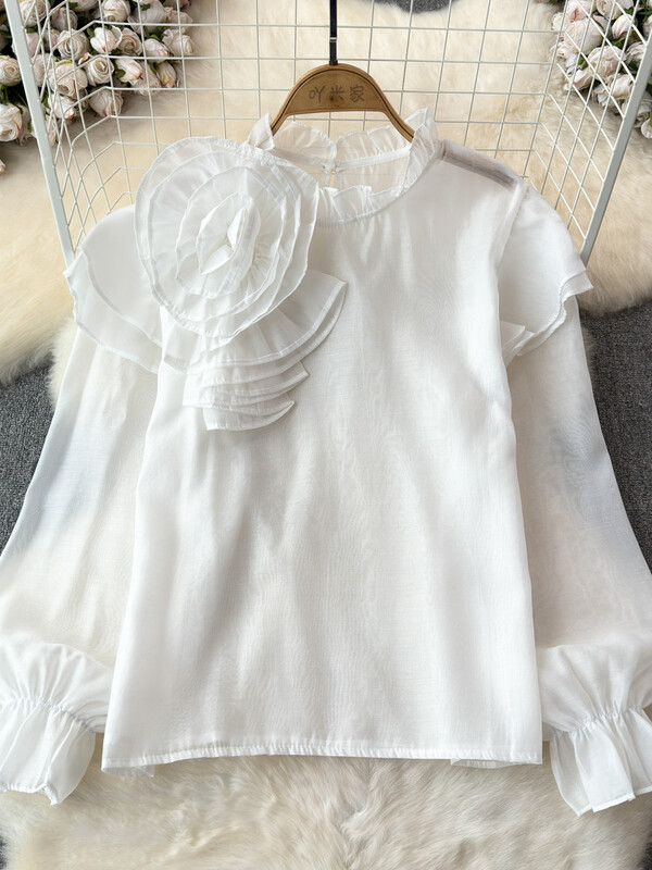 EWQ σιφόν τρισδιάστατο λουλούδι μακρυμάνικο με λαιμόκοψη κομψή σχεδίαση Γυναικεία πουκάμισα Γυναικεία μπλούζες με γλυκό στυλ και νεανική 27SN5726