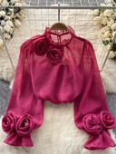 SINGREINY Cămașă de femeie cu volane, floare, slăbită, elegantă, cu decolteu, cu mânecă lungă, transparentă, subțire, pentru damă, ochiuri de plasă, ocazional, la modă șic